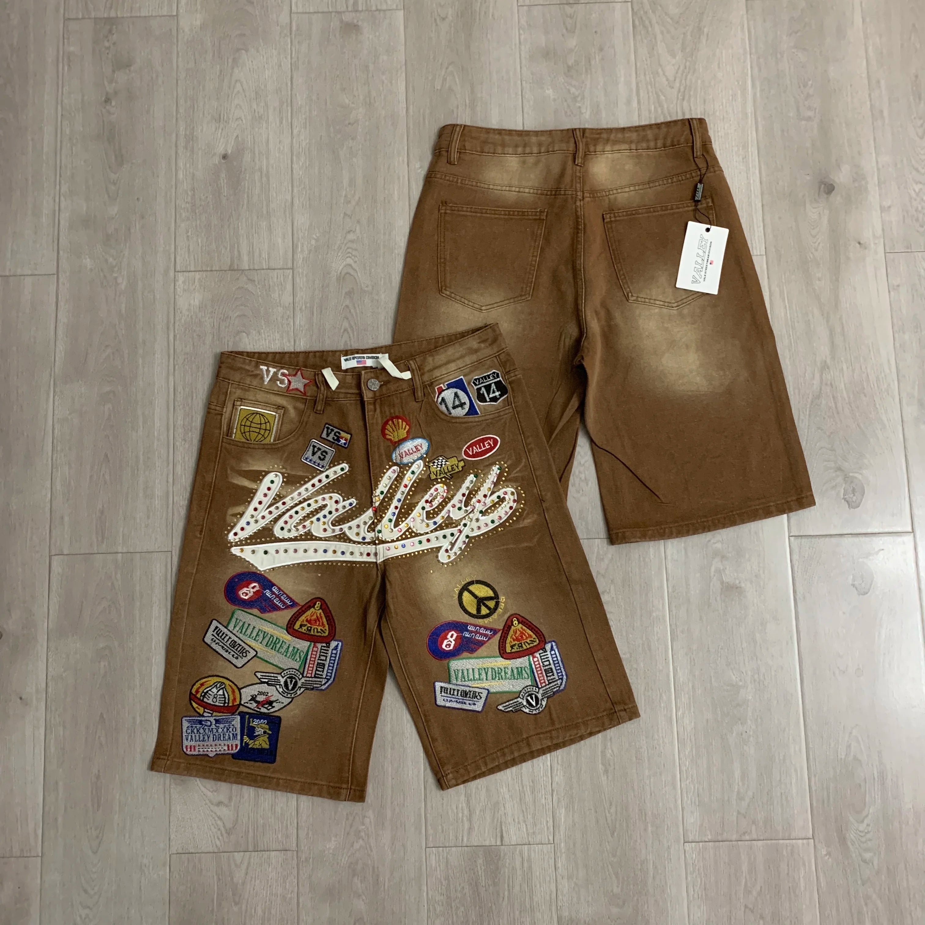 1980s Embroidered Rhinestone Denim Shorts – Unisex Mid Waist Loose Fit Summer