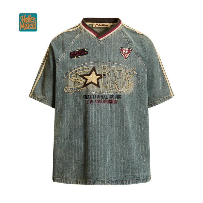 Premium Unisex Denim T-Shirt – Vintage Distressed V-Neck Casual Streetwear Top for Men & Women