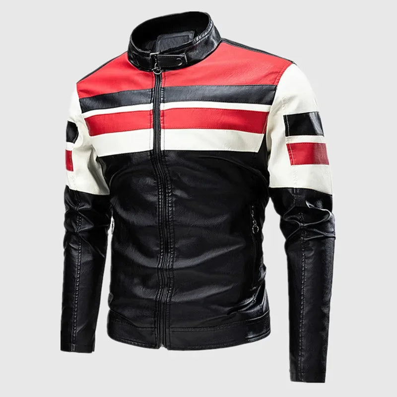 Men's PU Leather Motorcycle Jacket – Slim Fit Stand Collar Biker Coat