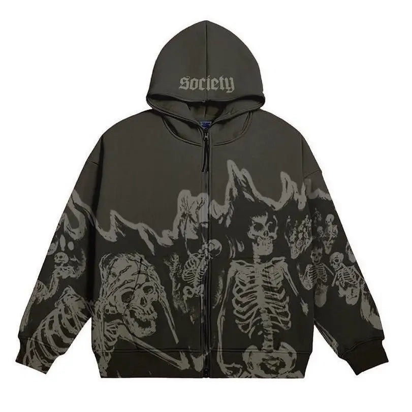 Unisex Y2K Skeleton Hoodie Jacket – Vintage Skull Print Zip-Up Sweatshirt, High Street Autumn & Winter Streetwear