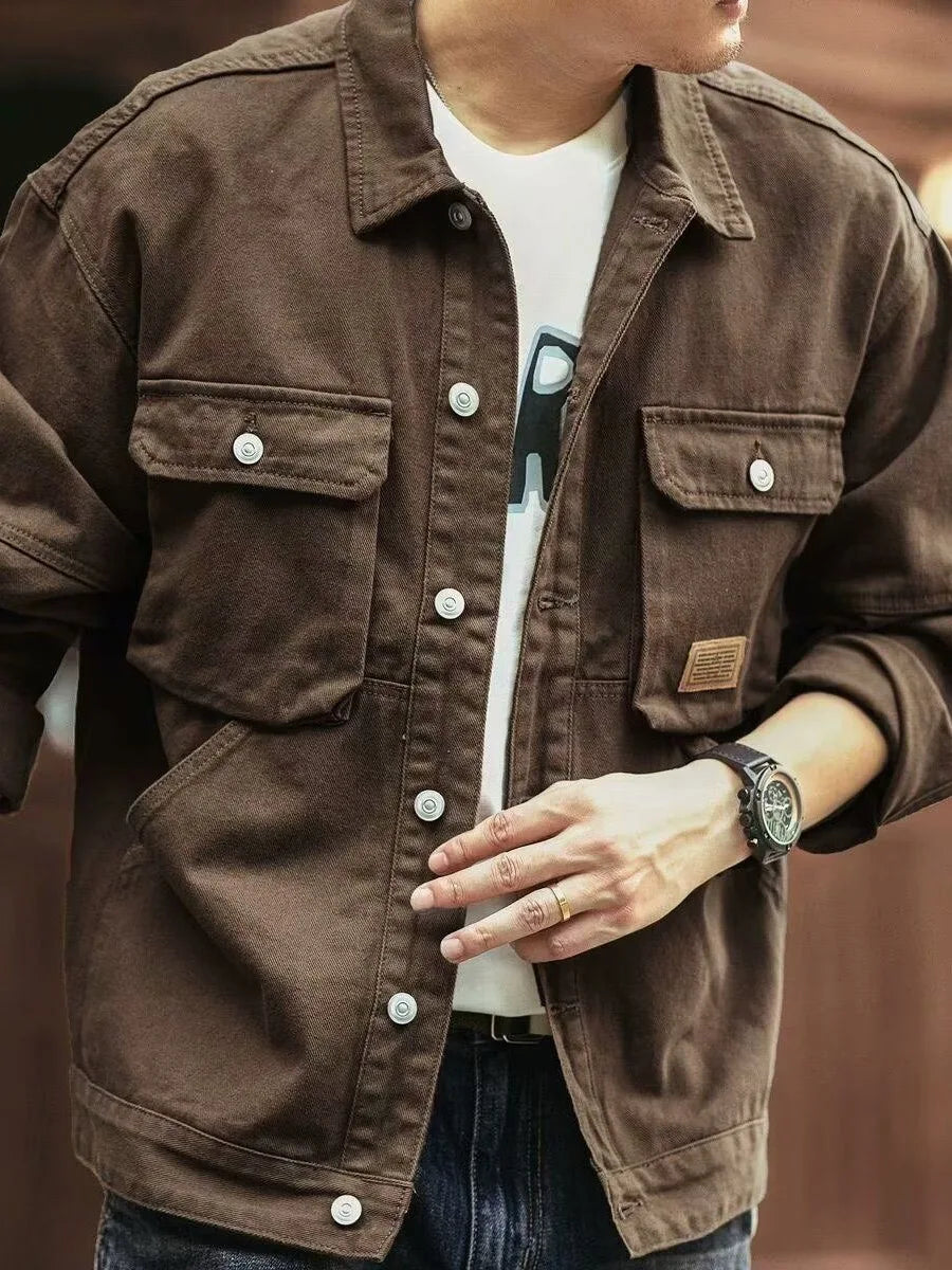 Men's Casual Loose Fit Denim Jacket – Multi-Pocket Workwear Streetwear Top
