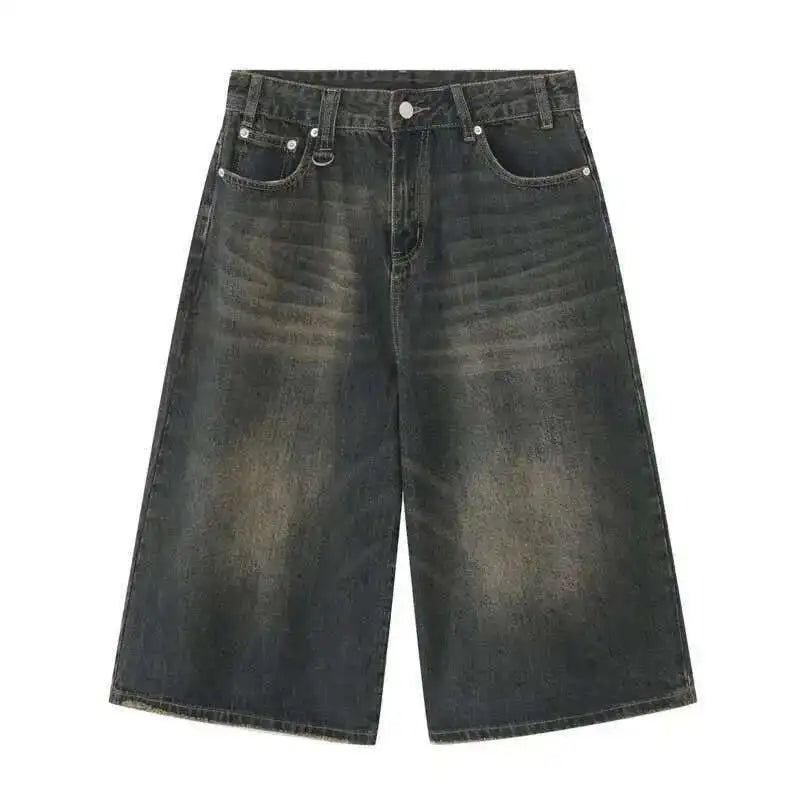 IEFB Men’s Vintage Wide-Leg Denim Shorts – Loose Fit Washed Knee-Length Jeans | Korean Summer Streetwear