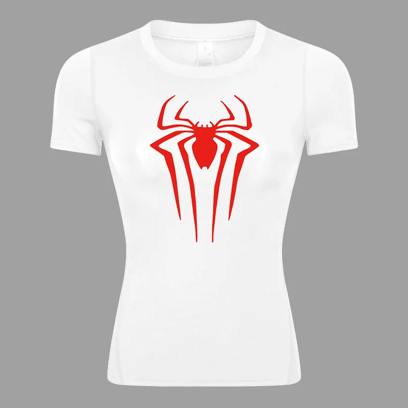 Women’s Spider Print Compression Shirt – Short Sleeve Athletic Top for Running, Gym & Yoga