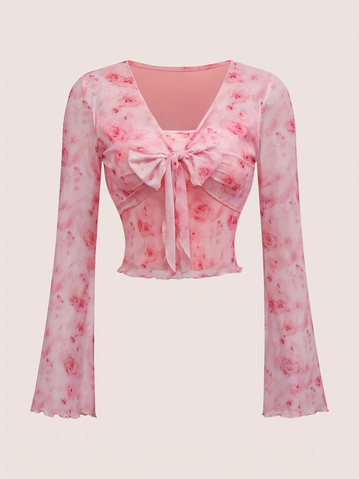 Women’s Y2K Floral V-Neck Top – Mesh Flare Sleeve Lace-Up Shirt