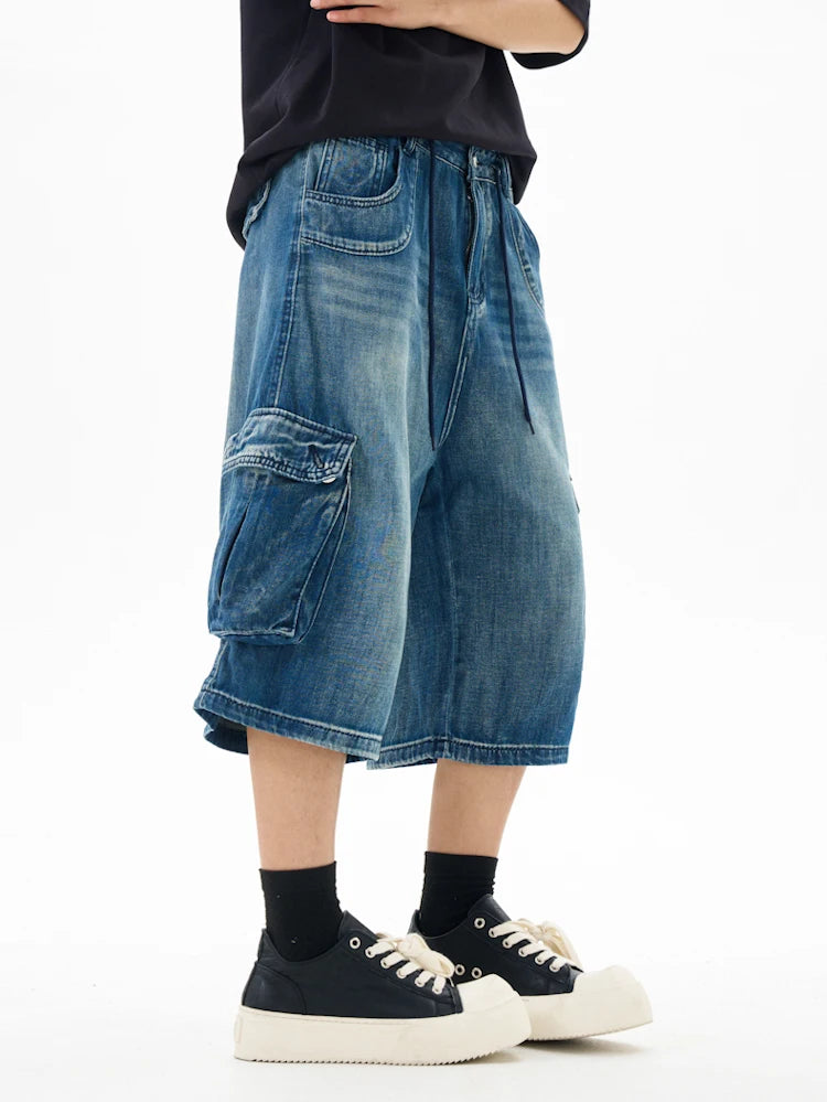 Men’s Washed Denim Cropped Pants – Loose Wide-Leg Multi-Pocket Streetwear Jeans