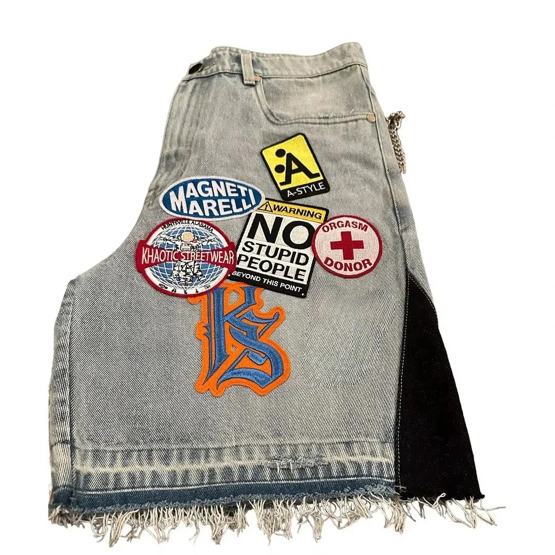Retro Blue Patchwork Denim Shorts – Y2K Hip Hop Streetwear