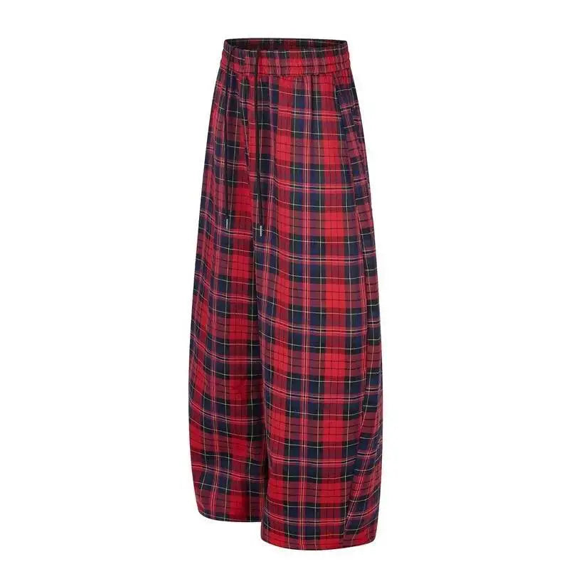 IEFB Men’s Red Plaid Trousers – Loose Fit Drawstring Pants | High-Street Style