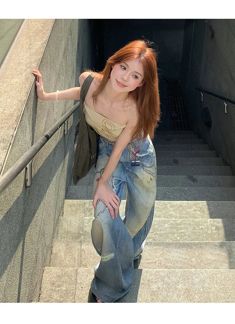 Mary's American Retro 3D Printed Chain Design Loose Wide Leg Denim Jeans
