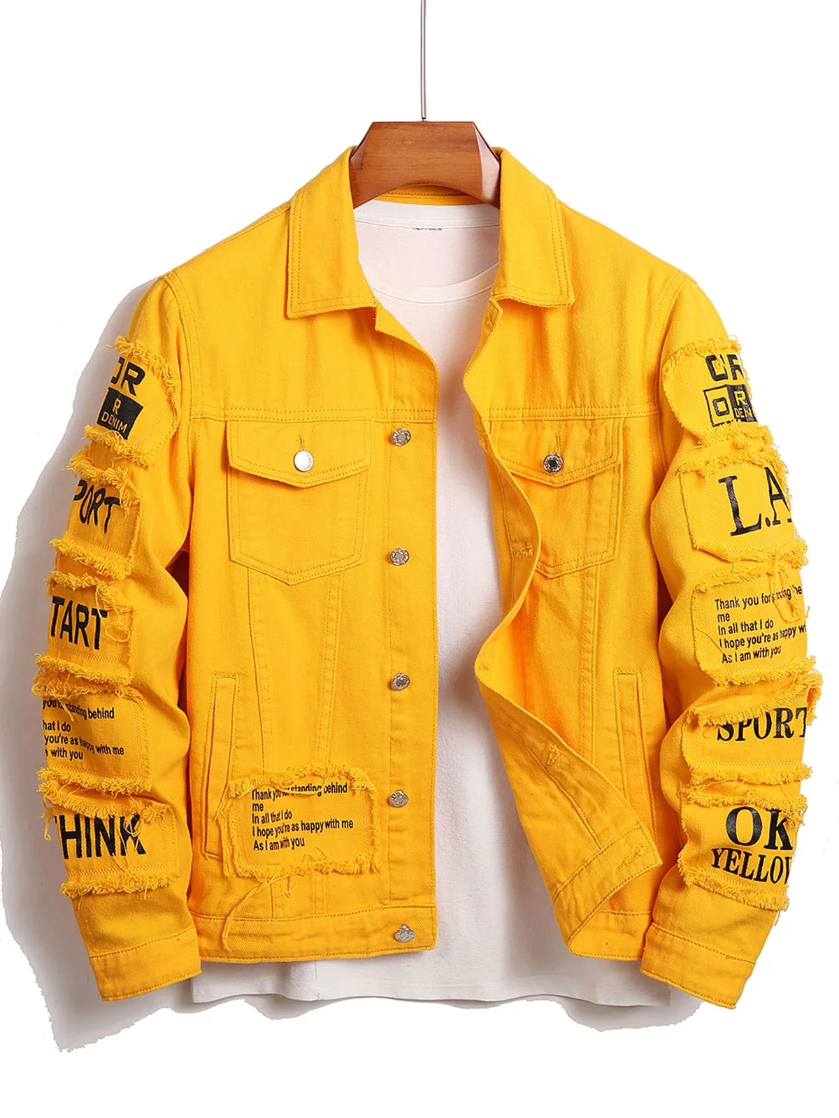 Men’s Y2K Denim Jacket – Patchwork Cotton Trucker Jacket with Cowboy Letter Design