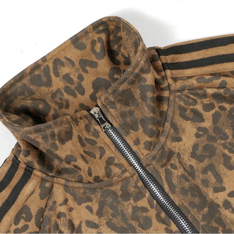 Unisex Leopard Print Suede Jacket – Vintage Stand Collar Zip-Up Coat, Harajuku Hip Hop Streetwear Outerwear
