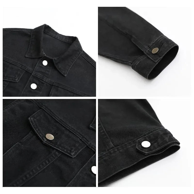 Men’s Vintage Black Denim Jacket – Loose Fit Long Sleeve Spring Streetwear Coat