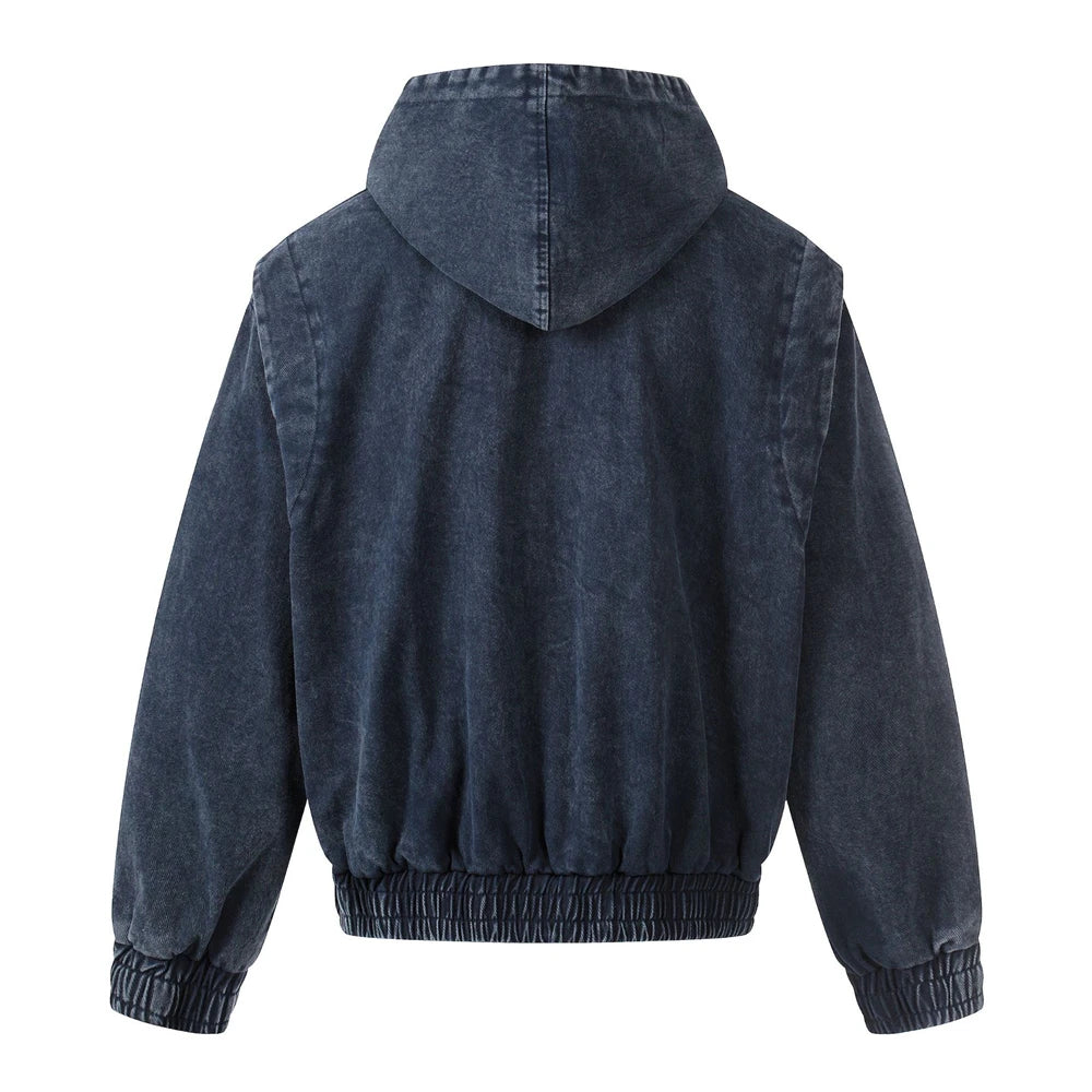 Men’s Vintage Washed Denim Jacket – Y2K Grunge Hooded Coat, Loose-Fit Hip Hop High Street Streetwear