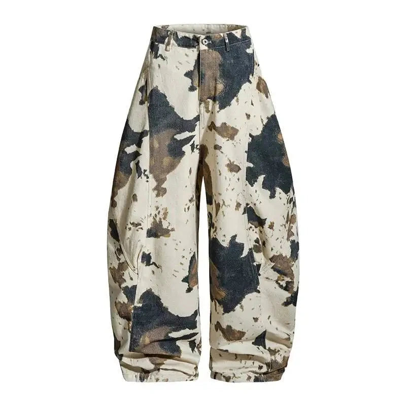 Men’s Cow Pattern Casual Pants – Loose Fit Contrast Color Curved Trousers | Spring & Autumn Streetwear