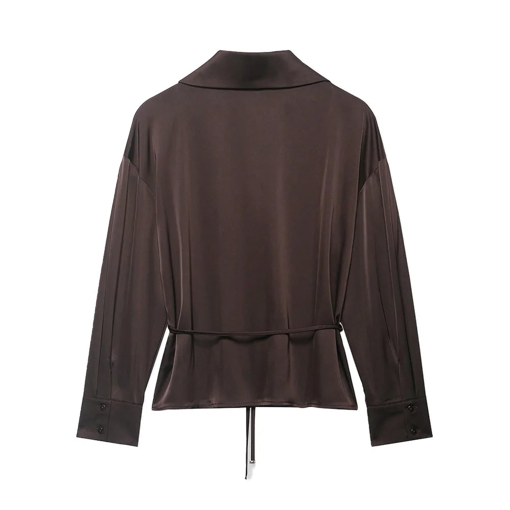 Women’s Satin Blouse – Belted Waist, Long Sleeve Lapel Top