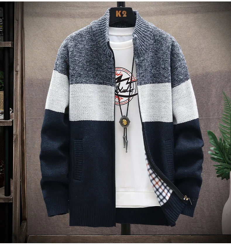 Men’s Winter Fleece Cardigan – Zipper Knit Sweater, Striped Casual Jacket