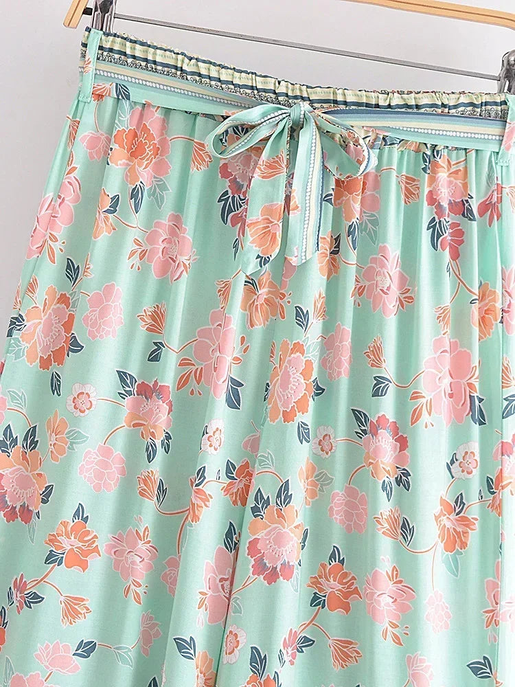 Women’s Floral Wide Leg Boho Pants – Vintage Chic High-Waisted Rayon Trousers