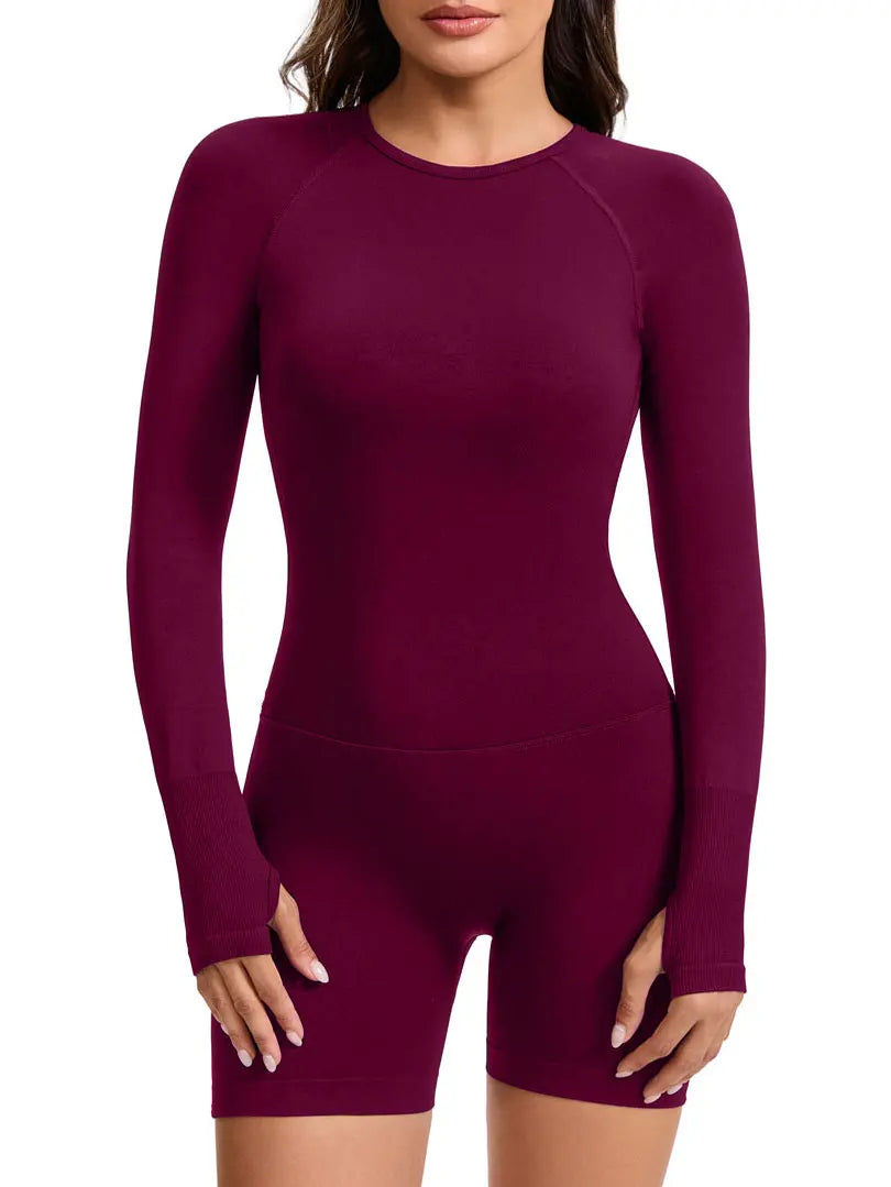 Women's Seamless Long Sleeve Yoga Jumpsuit – Open Back Gym Playsuit