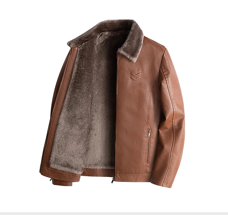 Men’s Fleece-Lined Leather Jacket – Autumn & Winter Business Casual Coat