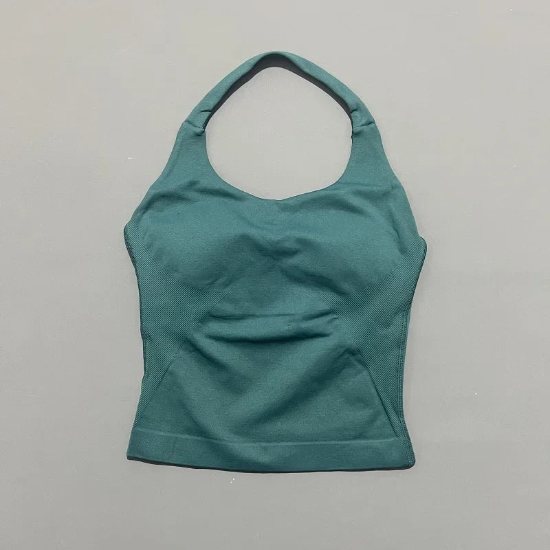 Women's Seamless Halterneck Longline Sports Tank Top – Ruched Gym Activewear