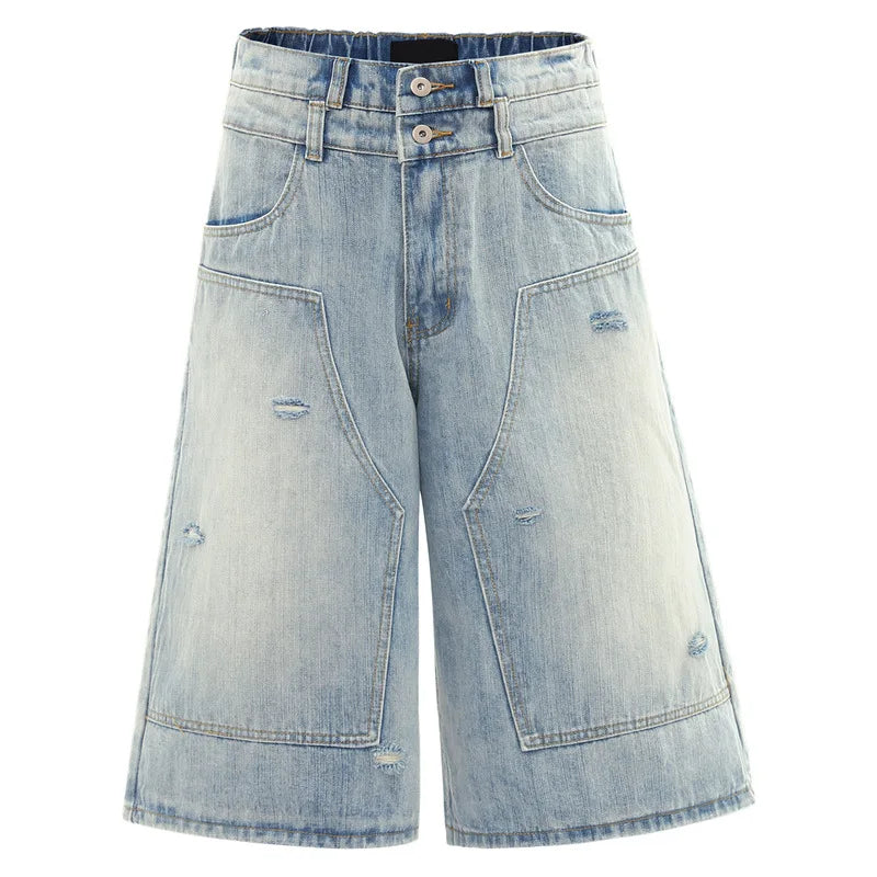 High Street Retro Double-Waist Wide-Leg Cropped Jeans – Washed Ripped Unisex Denim Pants | Streetwear