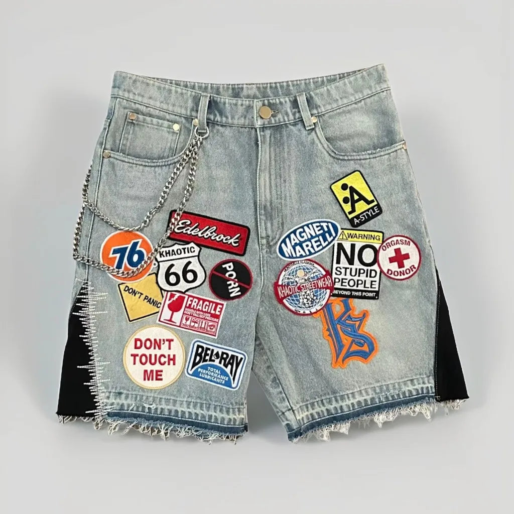 Retro Blue Patchwork Denim Shorts – Y2K Hip Hop Streetwear