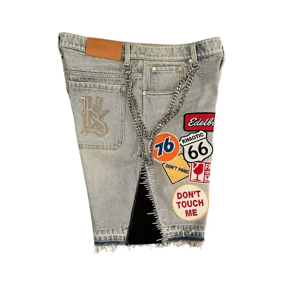 Retro Blue Patchwork Denim Shorts – Y2K Hip Hop Streetwear