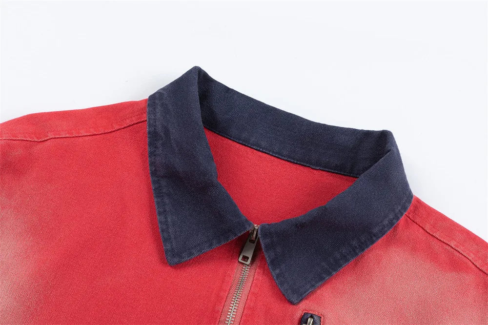 Block Cargo Jacket Mens Ripped Spring Retro High Street Long Sleeve Outerwear Men