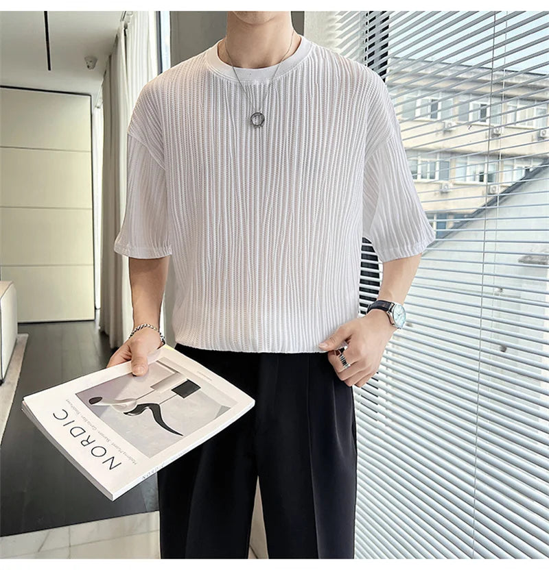 Men's Ice Silk Pleated T-Shirt – Casual Summer Crewneck Tee