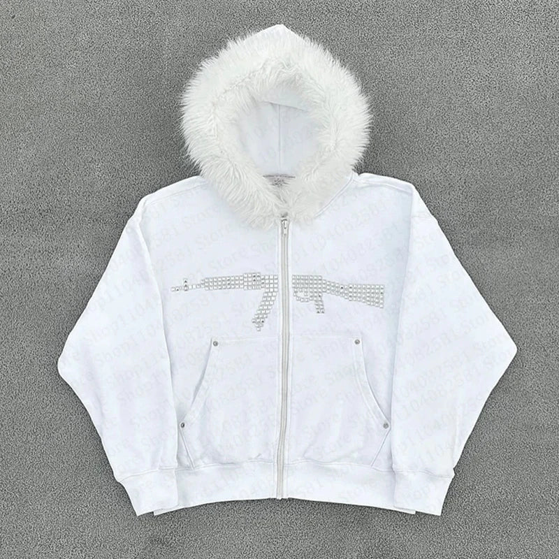 Unisex Y2K Faux Fur Collar Hoodie Jacket – Zip-Up Retro Punk Hip Hop Rock Streetwear Coat, Autumn & Winter