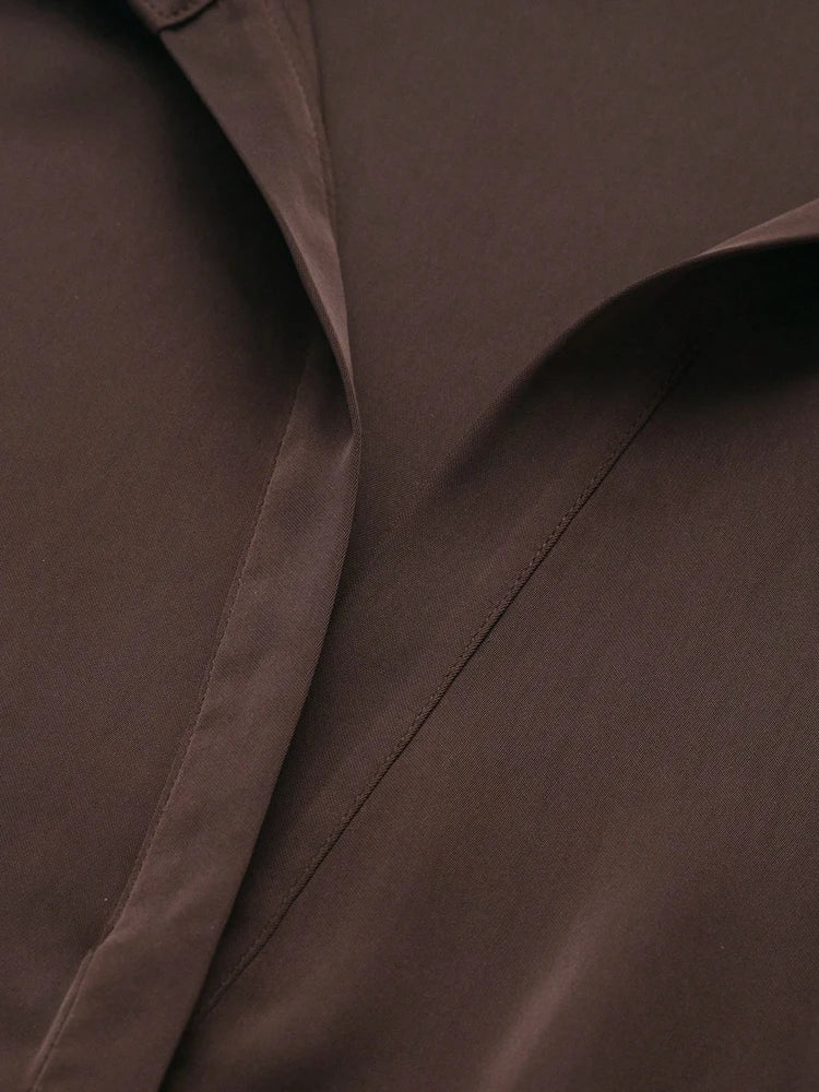 Women’s Satin Blouse – Belted Waist, Long Sleeve Lapel Top