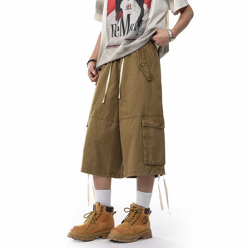 Unisex Wide-Leg Cargo Pants – Washed Cotton Baggy Calf-Length Streetwear Trousers