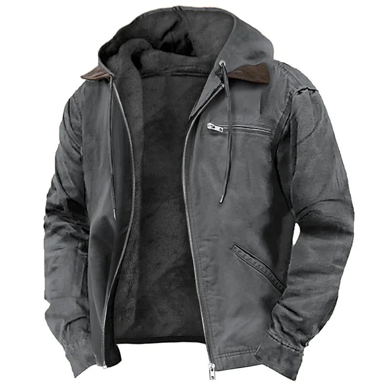 Men’s Fleece-Lined Hooded Jacket – Warm Winter Casual Zipper Coat with Multi Pockets