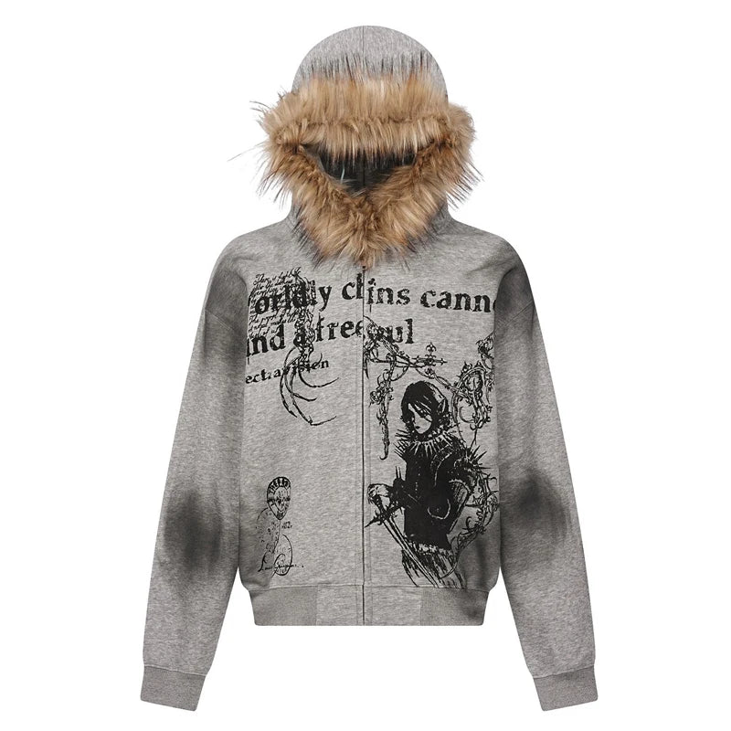 Unisex Y2K Faux Fur Collar Hoodie Jacket – Zip-Up Retro Punk Hip Hop Rock Streetwear Coat, Autumn & Winter
