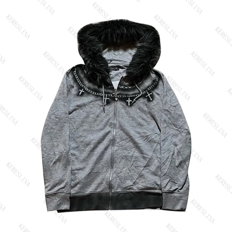 Unisex Y2K Faux Fur Collar Hoodie Jacket – Zip-Up Retro Punk Hip Hop Rock Streetwear Coat, Autumn & Winter