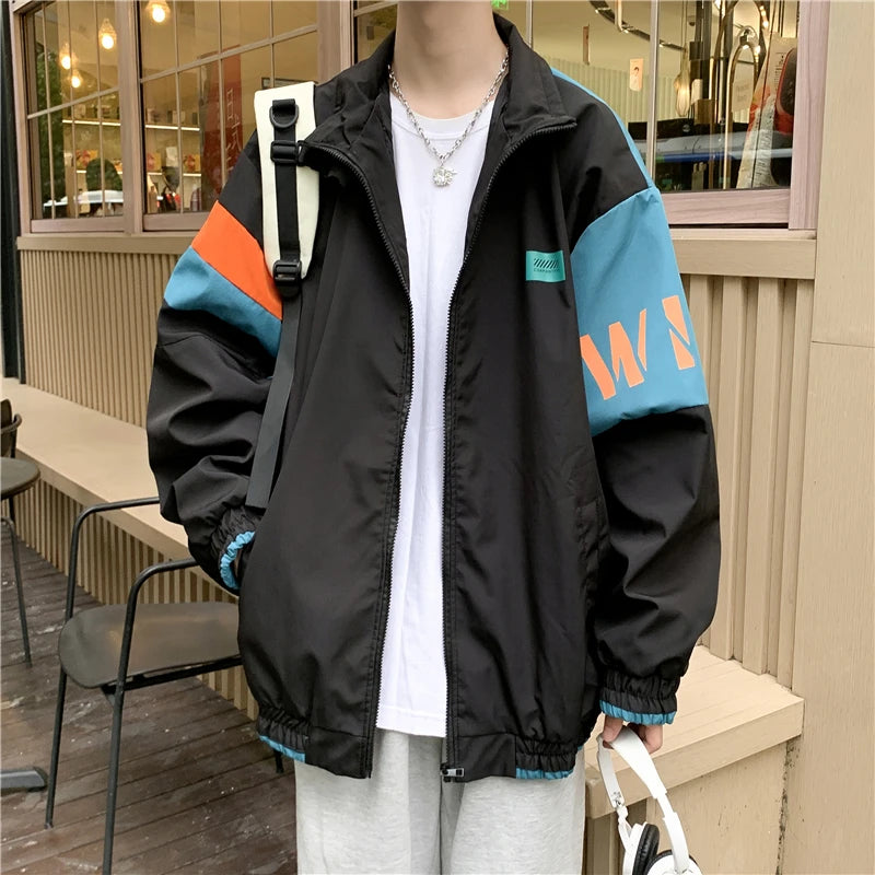 Men’s Spring & Autumn Casual Jacket – Loose Fit Sporty Zip-Up Long Sleeve Hong Kong Style Outerwear