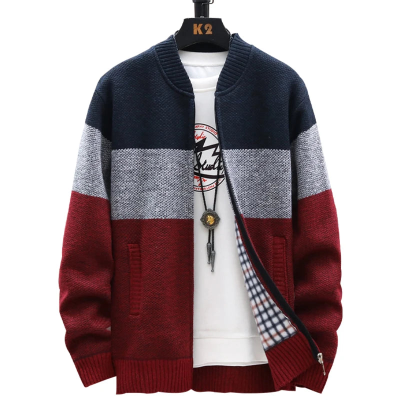Men’s Winter Fleece Cardigan – Zipper Knit Sweater, Striped Casual Jacket