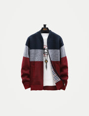 Men’s Winter Fleece Cardigan – Zipper Knit Sweater, Striped Casual Jacket