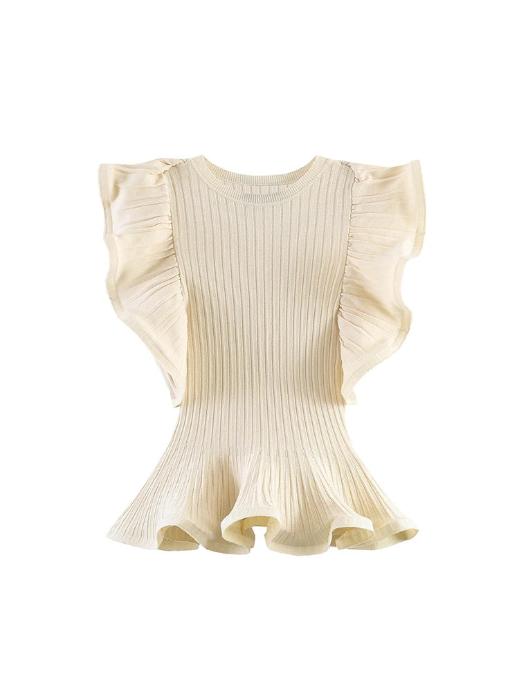 Women’s Sleeveless Knit Top – Ruffle Detail Slim Fit Waist-Cinching Partywear