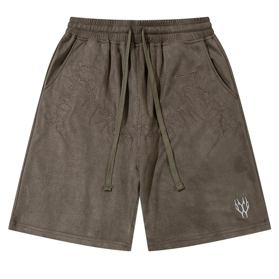 Men’s Suede Knee-Length Shorts – Casual Harajuku Hip Hop Streetwear, Baggy Summer Shorts with Thorn Embroidery