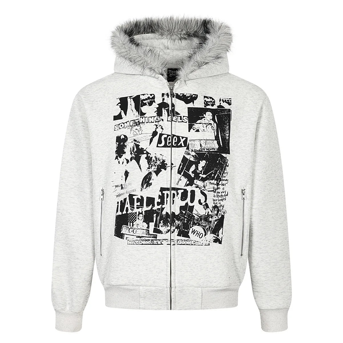 Unisex Retro Printed Hooded Jacket – Loose-Fit Long Sleeve Coat with Faux Fur Collar