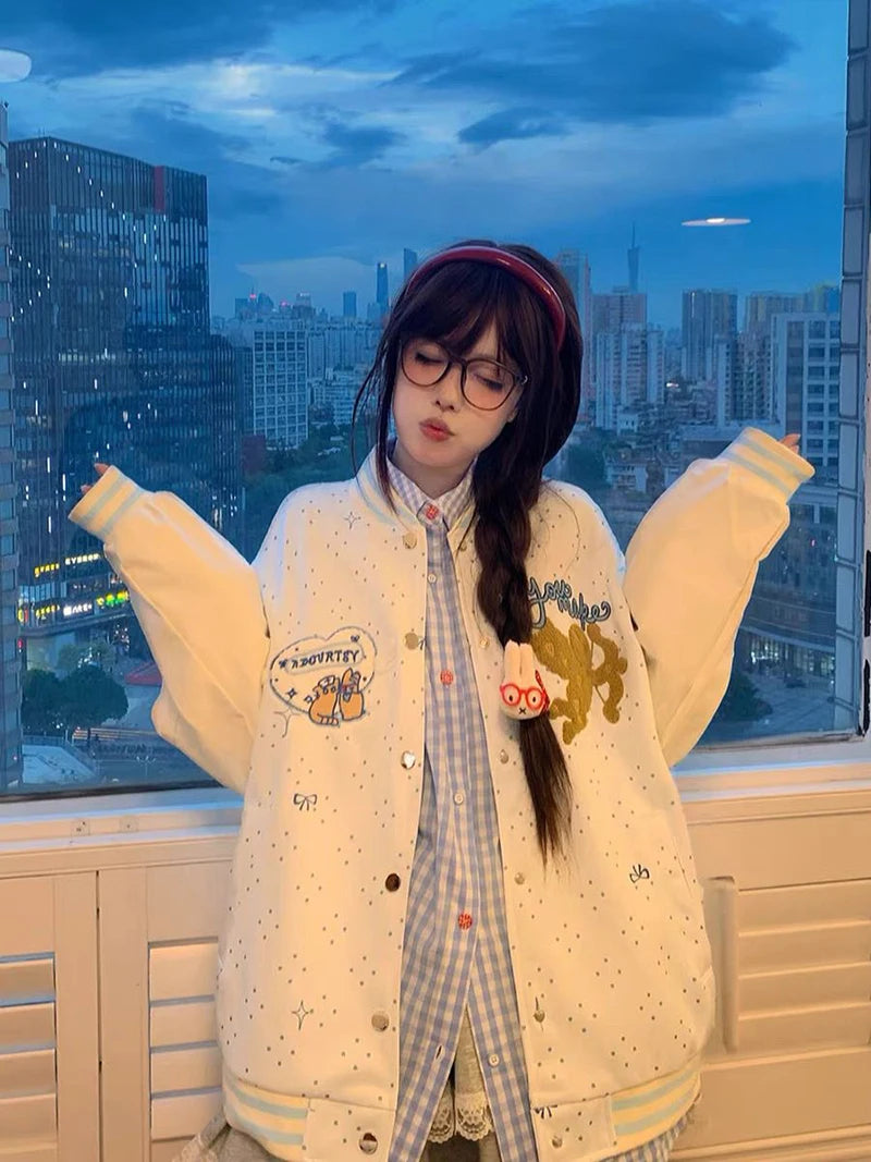 Embroidered Wings White Baseball Jacket Women Loose Lazy Casual Sweet Coat Long Sleeve Fall Winter Polka Dot Korean Outwear