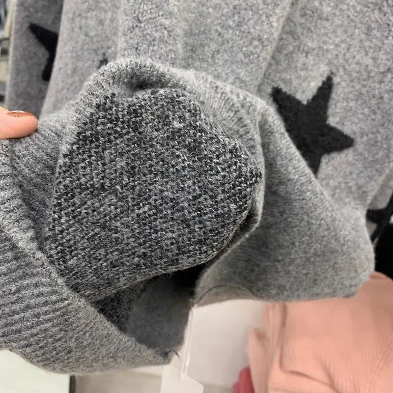 Women’s Star Embroidered Knit Sweater – Loose Fit Long Sleeve Casual Pullover, Comfortable Spring & Autumn Outerwear