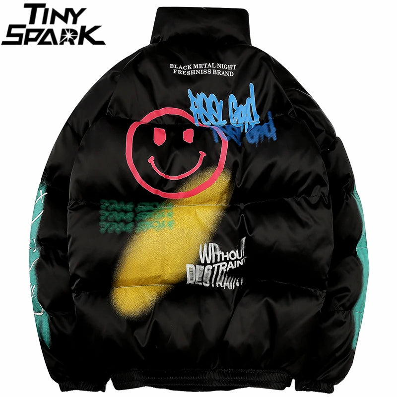 Hip Hop Parka Happy Graffiti Print Men Windbreaker Jacket