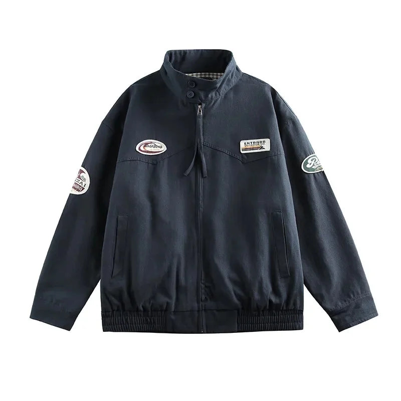 Unisex American Retro Workwear Jacket – Loose Fit Collared Casual Spring & Autumn Outerwear
