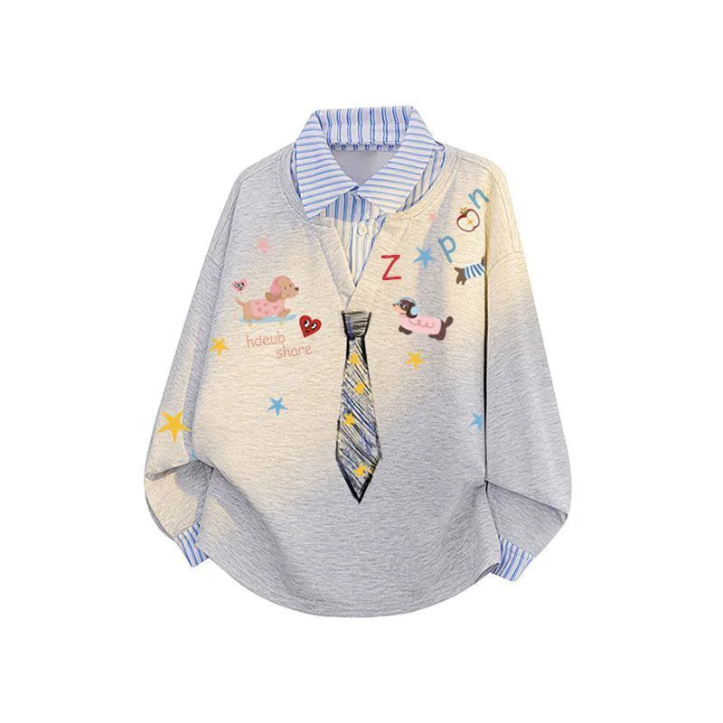 Women’s Kawaii Cartoon Print Sweatshirt – Loose-Fit Vintage Preppy Pullover, Cute Long Sleeve Patchwork Top