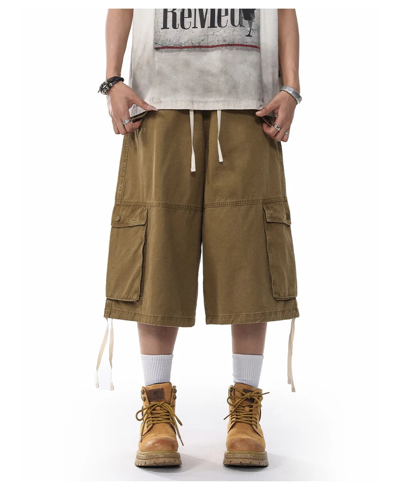 Unisex Wide-Leg Cargo Pants – Washed Cotton Baggy Calf-Length Streetwear Trousers