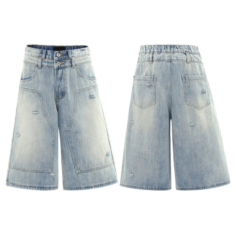 High Street Retro Double-Waist Wide-Leg Cropped Jeans – Washed Ripped Unisex Denim Pants | Streetwear