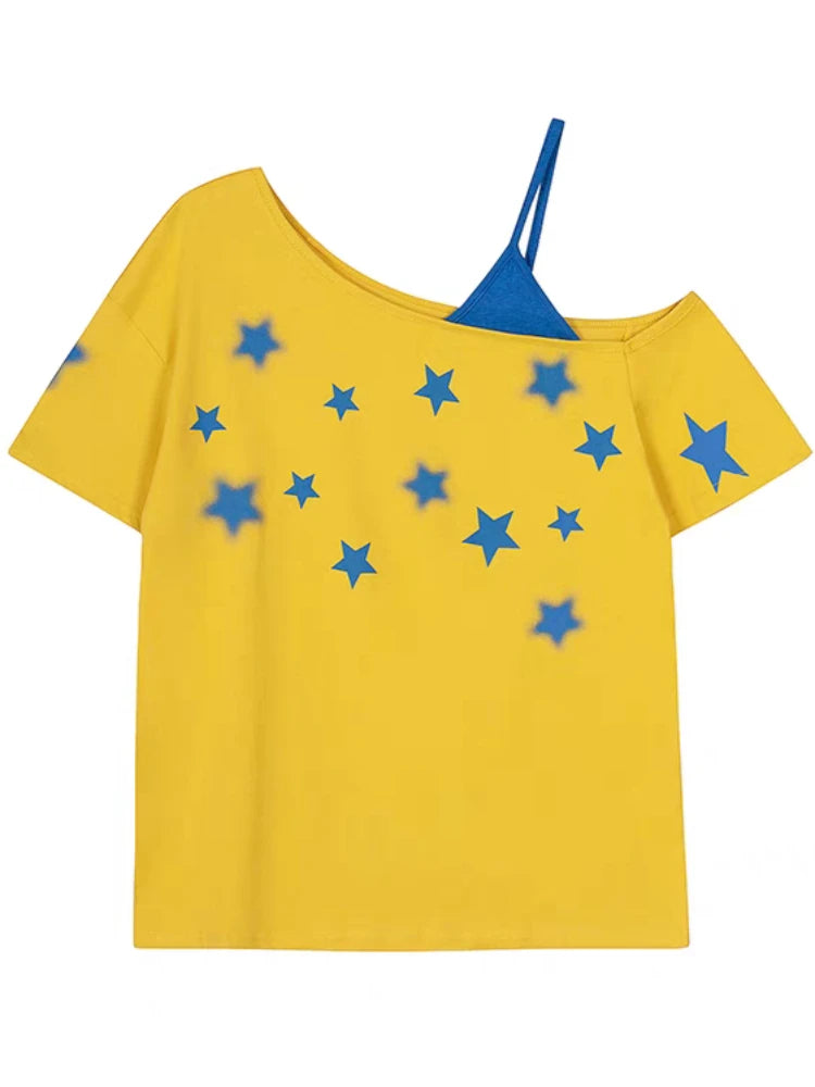 Women’s Y2K Star Graphic T-Shirt – Off-Shoulder Oversized Top | 100% Cotton Summer Tee