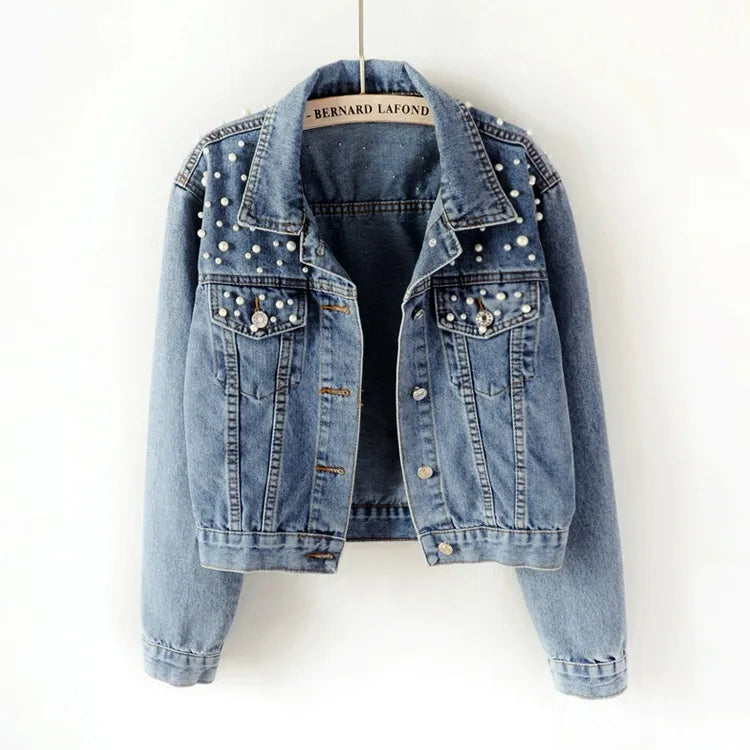 Women’s Beaded Denim Jacket – Loose Fit Embellished Winter Coat for Autumn & Winter