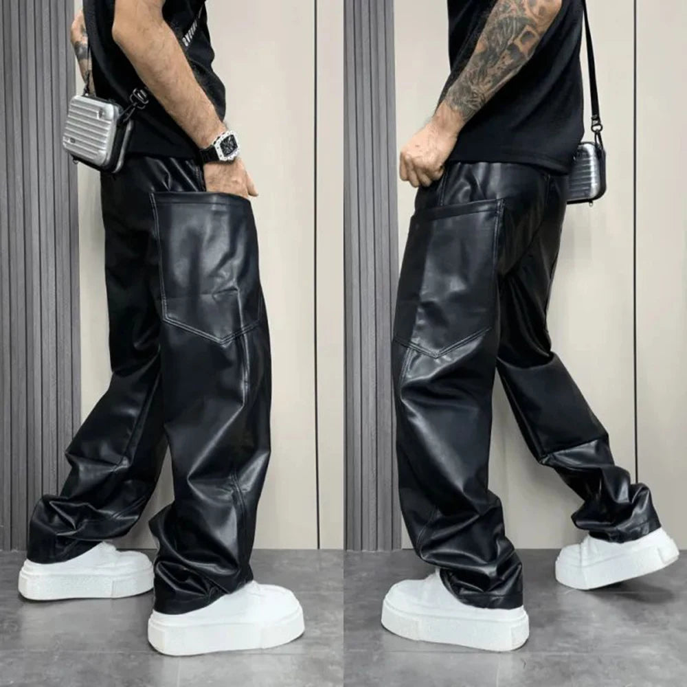 Men’s PU Leather Jogger Pants – Casual Streetwear Multi-Pocket Design